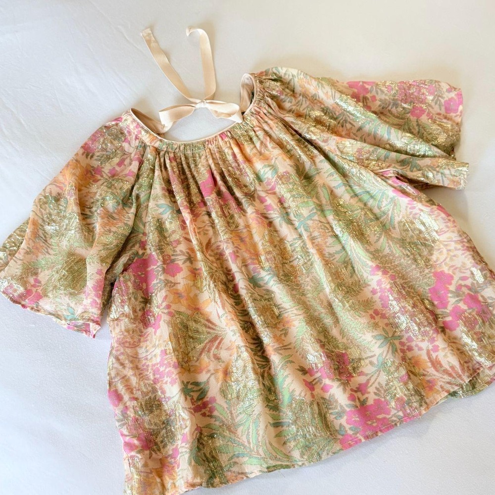 LOFT Gold Metallic Floral Tie-Back Puff Sleeve Blouse XL Ivory Pink Green